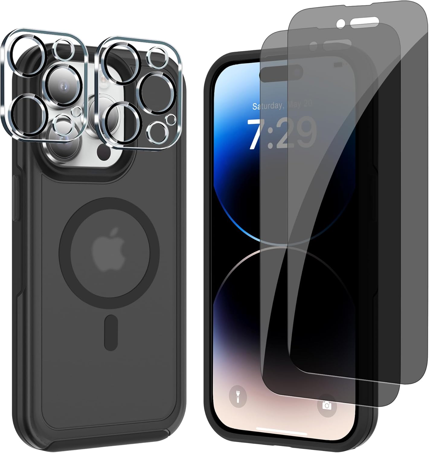 MagSafe Shockproof Anti-Drop Cover Case for iPhone 14 Pro (5 in 1) with Anti-Spy Glass Screen Protector, Camera Lens