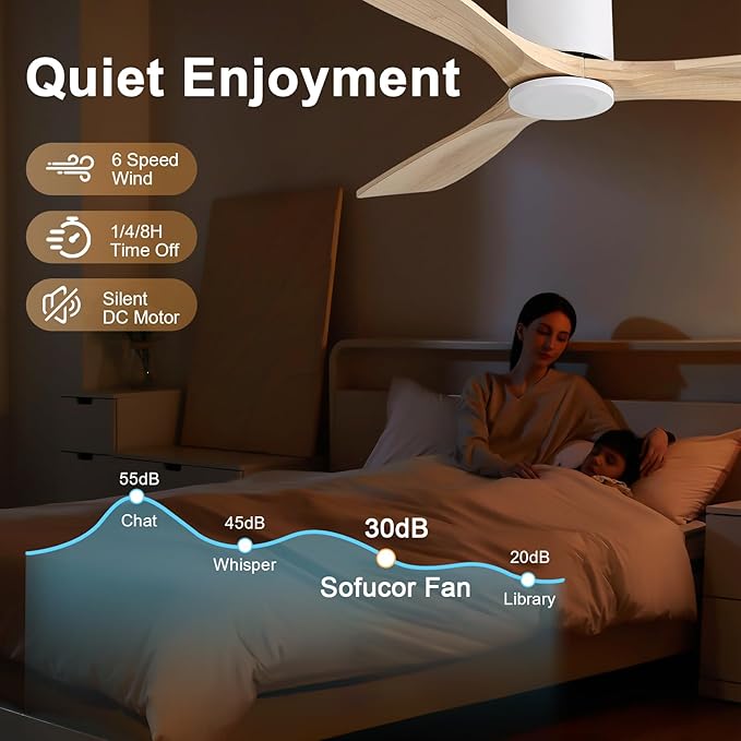 Sofucor 52 Inch Ceiling Fan No Light, Solid Wood Ceiling Fans Without Lights Remote Control, Reversible DC Motor, 6-Speed, Flush Mount Indoor/Outdoor Ceiling Fans for Patios, Bedroom and Farmhouse
