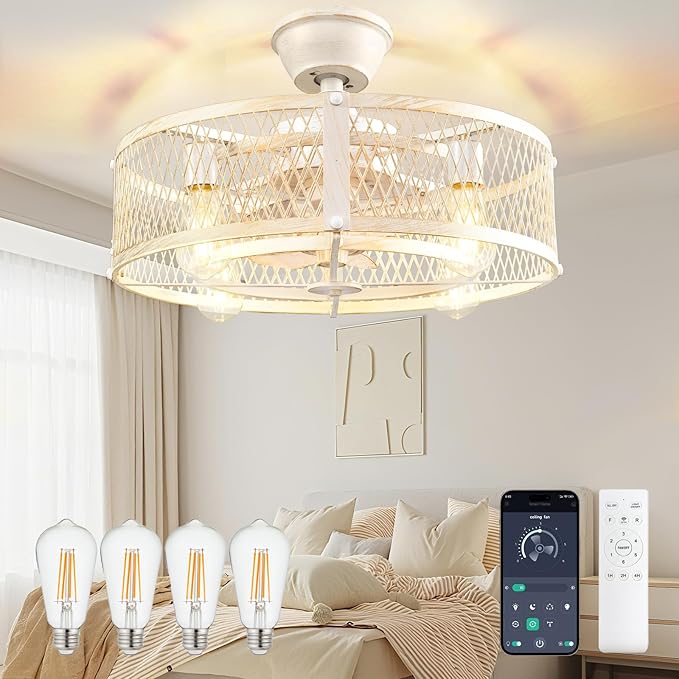 DLLT Caged Ceiling Fan with Lights: 20" Farmhouse Fandelier with Light and Remote - Cement Industrial Chandelier Fan Light for Bedroom Living Dining Room Kitchen