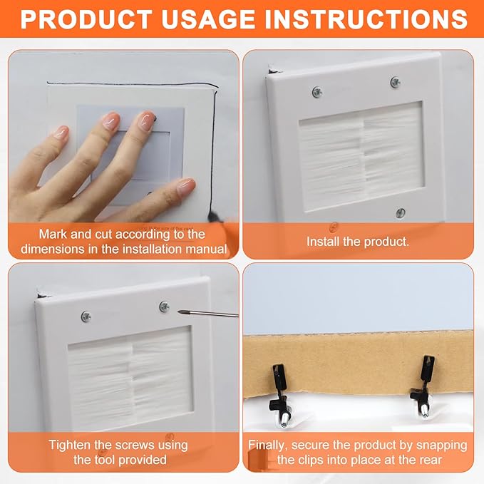 in Wall Cable Management Kit for Wall Mounted TV 2 Gang Brush Wall Plate - Cable Pass Through Wire Hider for Cable Management,Cord Hider for Ethernet Cables, HDMI, Home Theater Systems Pass Through
