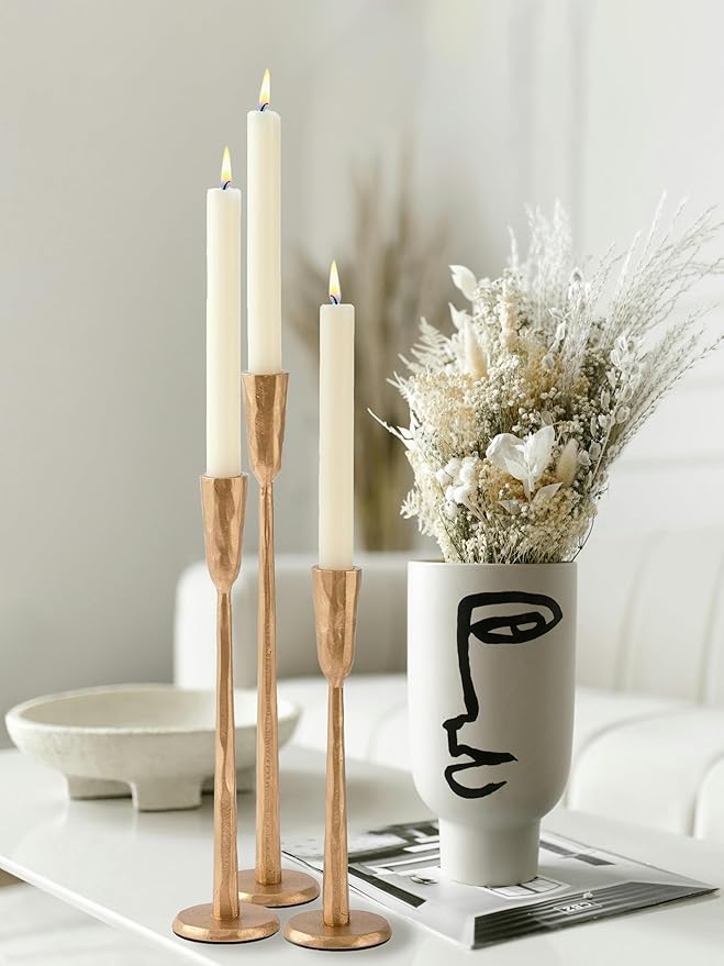 Gold Iron Taper Candle Holder Set of 3, Heavy Wrought Iron Candlestick Holders Decorative Candle Stand, Vintage Candle Holder for Wedding, Dining, Home Decoration