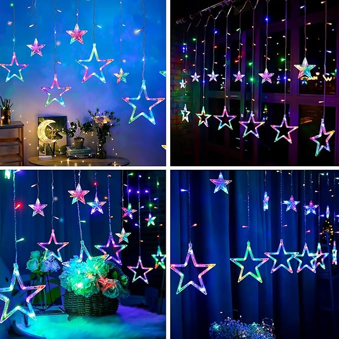 Star Curtain Lights for Bedroom - Plug-in 9ft 138 LED Fairy Twinkle Lights with 12 Star Drops, Connectable Window Lights with Remote 8 Lighting Modes for Indoor Xmas Ramadan Decoration, Multicolored