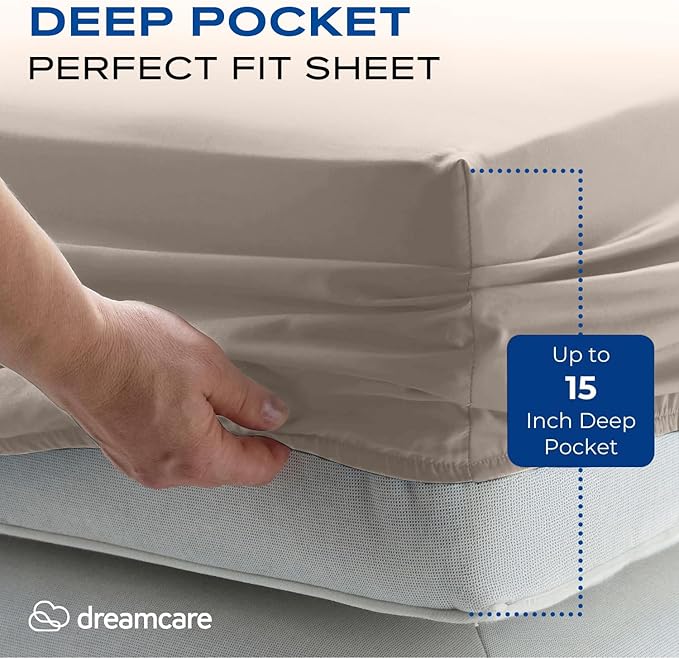DREAMCARE Full Size Sheets Set - 4 Pcs Cooling Bed Sheets with Up to 15" Deep Pockets - Soft, Long-Lasting 100% Brushed Polyester with Side Pocket (Beige)