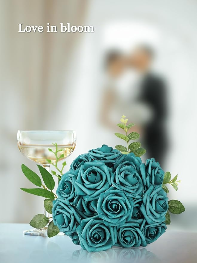 MACTING Artificial Rose Flowers 30PCS Real Touch Fake Flowers with Stem Peacock Green Foam Roses for DIY Wedding Bouquets Table Centerpieces Floral Arrangements Party Home Spring Mothers Day Decor
