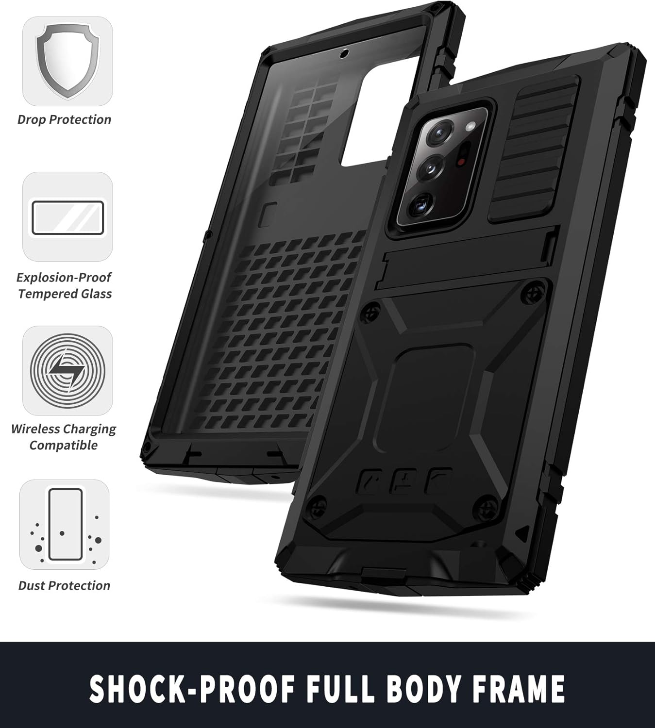 Samsung Galaxy Note 20 Case, Heavy Duty Aluminum Metal Gorilla Glass Waterproof Shockproof Protector Cover (Black)