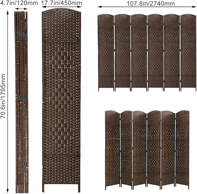 Room Divider 6 Panel Folding Privacy Divider 6 Ft Indoor Wall Divider Portable Partition Wood Screen, Brown