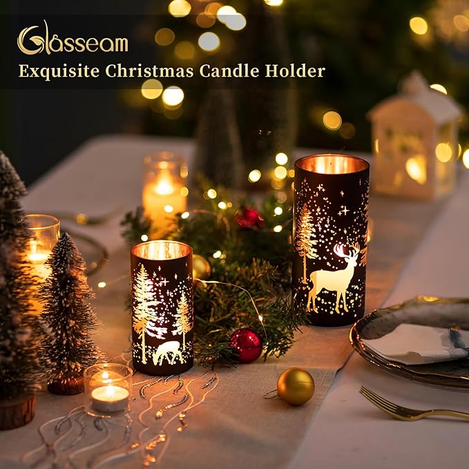 Glasseam Christmas Hurricane Candle Holder: 2 Pcs Black Candle Holders for Pillar Candles Cylinder Mercury Glass Candle Holder Reindeer Candle Holders for Table Centerpiece Thanksgiving Decorations