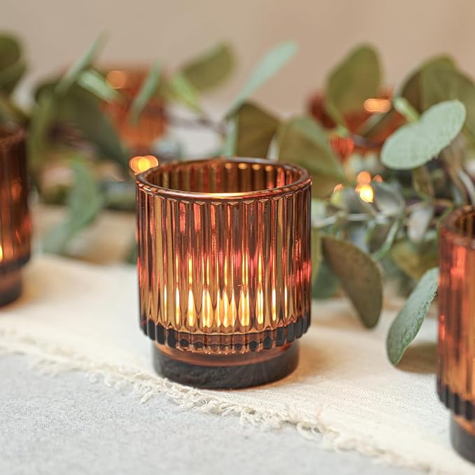 Vintage Ribbed Amber Glass Tealight & Votive Candle Holders (Set of 12), Wedding Bridal Shower Party Table Decor, Fall Decor, Boho Decor, Shelf Decoration