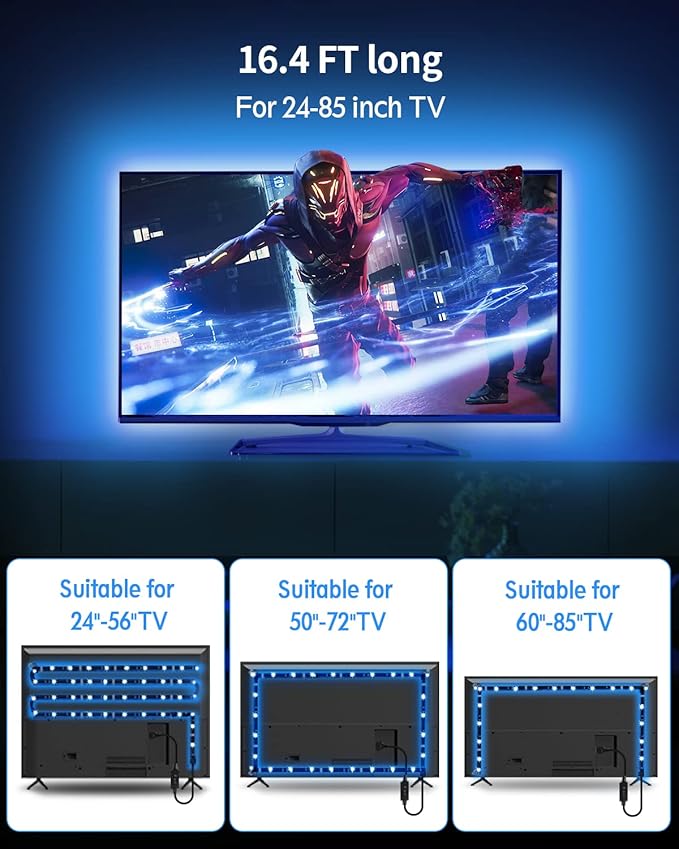 Daymeet Led Lights for TV, 16.4ft TV Led Lights Backlight Behind for 65-85 inch Led Strip Lights,RGB Color Changing Light with Remote, Music Sync Bluetooth APP Control USB Christmas Lighting