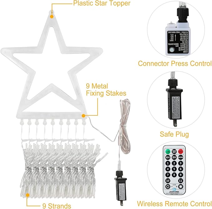 FUNIAO Christmas String Lights 320 LED Christmas Decorations Star Waterfall Lights with 11 Modes Remote Control for Tree Wall Yard Wedding Party (Warmwhite+Multicolored)