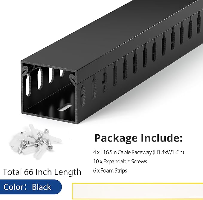 ZhiYo H1.4 W1.6in Professional Server Rack Cable Management Raceway, 66in (4X L16.5in) Cable Raceway Kit, Electrically Safe PVC Open Slot Wire Raceway for Under Desk/Computer/Network Cords, Black