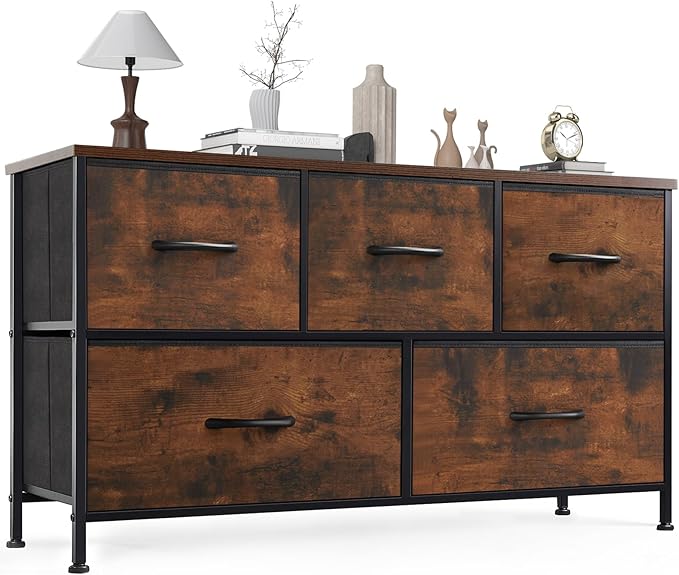 OLIXIS 5 Drawer Dresser Nightstand Classic Rust Brown, Wooden Top Metal Frame Fabric Storage Organizer for Bedroom Living Room Entryway, Wide TV Stand Closet Chest Furniture