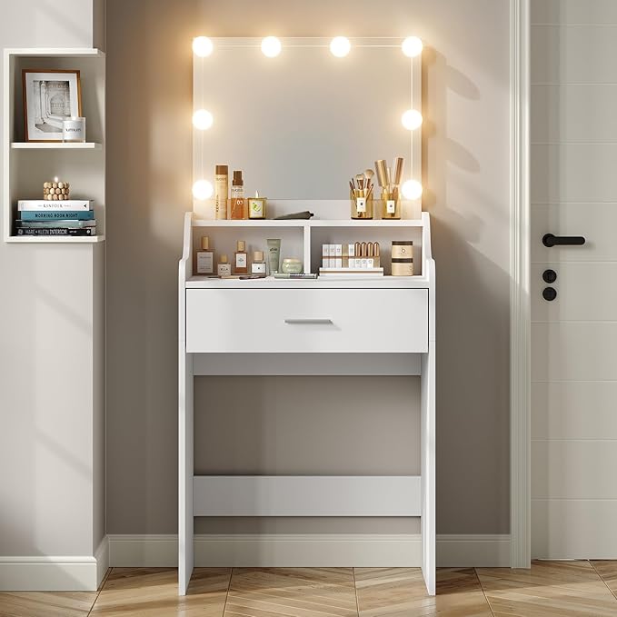 Furniouse Vanity Desk with Mirror and Lights, 23.6" Small Makeup Vanity Table Set with Storage, Drawer, 3 Lighting Modes Adjustable Brightness for Bedroom