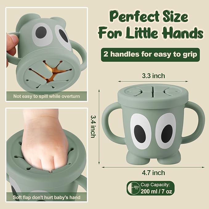 Silicone Snack Cups Food Container for Toddlers and Babies, Spill Proof Training Cup with Snack Cup Lid & Dust Proof Lid, Comes with a toy strap, Without BPA, Lead, or Phthalates (Sage & Gray)