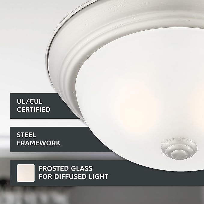 DESIGNERS FOUNTAIN Reedley 2-Lights Flush Mount Ceiling Light, 11 Inch Lighting Fixture for Kitchen, Bedroom, Bathroom, and Hallway, Pewter with Etched Glass, 1257S-PW-W