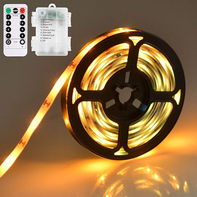 LED Strip Lights Battery Operated, 9.8 Ft 90 LED Led Strip Lights with Remote Timer Dimmable, Waterproof Flexible Lights Strip for Indoor Outdoor TV Table Bedroom Boat Kitchen (Warm White)