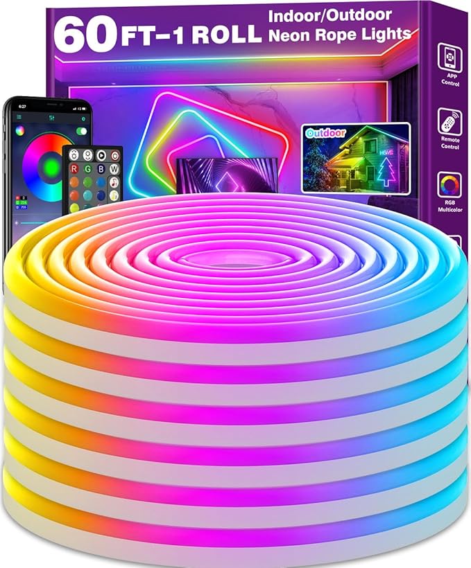 AILBTON 60Ft Neon Rope Lights,Flexible Led Rope Lights Control with App/Remote,Multiple Modes Rope Lights,IP65 Outdoor RGB Led Neons Lights,Music Sync Gaming Led Neon Light Strip for Bedroom Decor