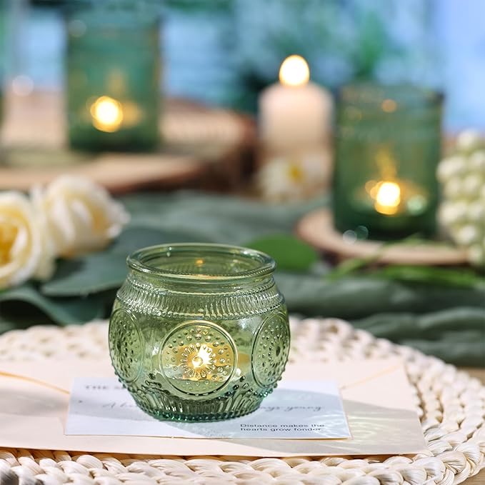 DARJEN 48Pcs Green Votive Candle Holders- Glass Candle Holders Bulk for Flameless LED Tea Waxes, Romantic Candle Holder for Wedding Decor, Various Parties & Dinner Table