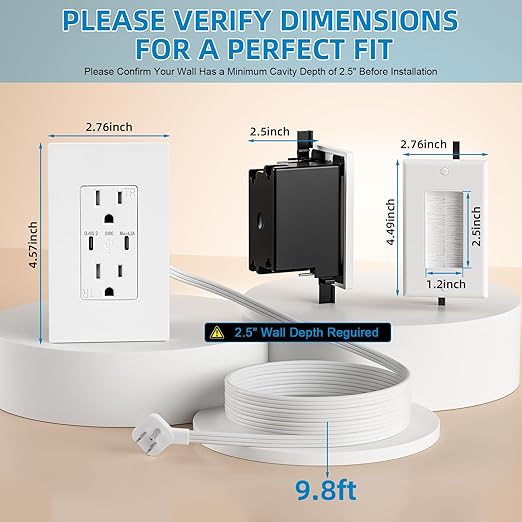 in Wall Cable Management Kit, 2 AC & 2 USB-C Ports Recessed Outlet Box for Wall Mount TV,Recessed Power Box with 9.8ft Extender for Unreachable Outlets,Hide TV Cords & Cables