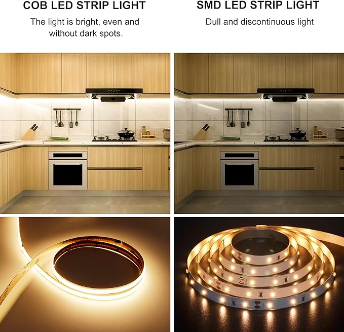 COB LED Strip Light Warm White, High Bright LED Strips with 2400LEDs, RF Remote and UL Power Supply, 3000K Dimmable LED Lights for Bedroom, Kitchen, DIY Home Decoration