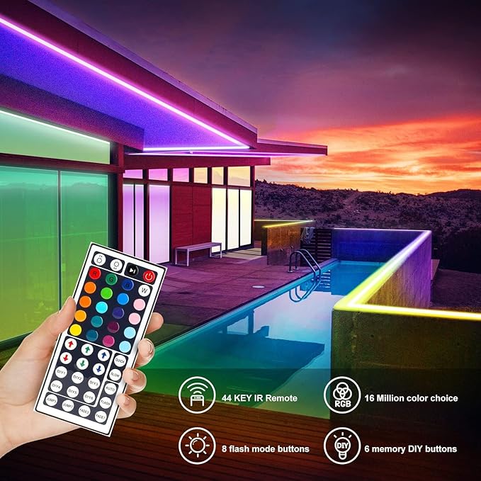 DAYBETTER Waterproof Led Lights for Bedroom, 16.4ft Led Strip Lights, 150 LEDs Color Changing RGB 44 Keys Remote Controller, 12v for Outdoor Room Home Party Christmas Decoration