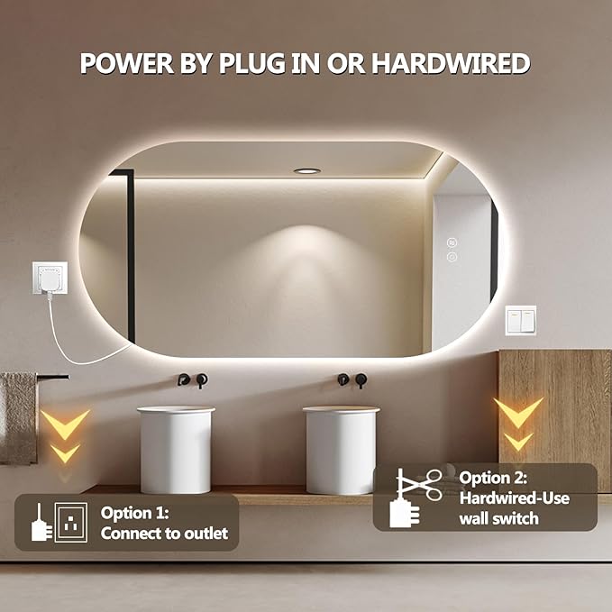 55"x28" Oval Led Bathroom Mirror with Lights, Frameless Backlit Vanity Mirror for Wall, Anti Fog Smart Mirror with 3 Colors Stepless Dimmable, Waterproof, Explosion-Proof, Vertical/Horizontal