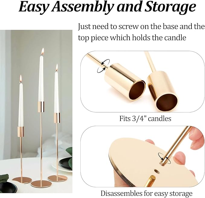 Set of 6 Gold Taper Candle Holders, Metal Gold Candlestick Holders, Tall Candle Holder, Fits 3/4 inch Thick Candle&Led Candles, for Table Centerpiece, Wedding, Dinning, Party Home Decor