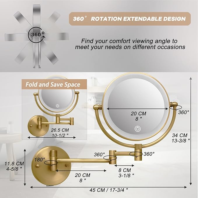 Wall Mounted Makeup Mirror with Lights and 10X Magnification, 8" Rechargeable Double Sided Magnifying Touch Dimmable Extended Arm 360 Rotation, Foldable Vanity Mirror for Bathroom, Antique Brass