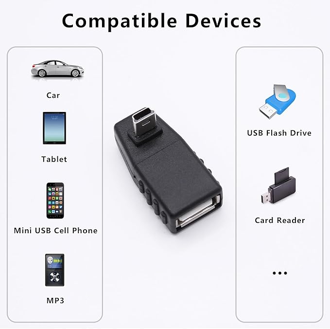 90 Degree Mini USB to USB A OTG Adapter,Up Angle Mini USB 5-Pin Type B Male to USB Type A Female Adapter Converter for Digital Cameras,Black(2 Pack,UP)