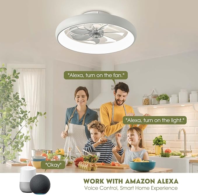 20" Modern White Flush Mount Ceiling Fan with Lights, 6 Wind Speeds, LED, Voice Control, Bedroom, Living Room, Kitchen