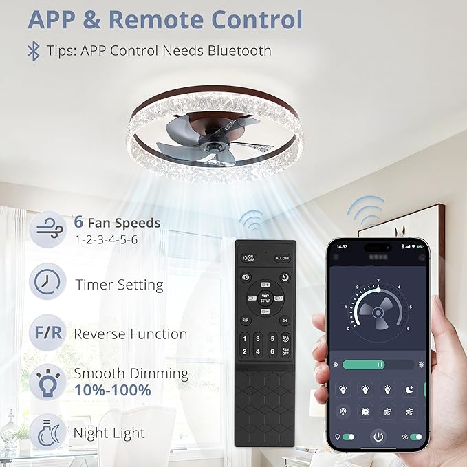 LEDIARY 22" Modern Ceiling Fans with Lights and Remote, Dimmable Low Profile Ceiling Fan, Flush Mount Fan, Stepless Color Temperature Change and 6 Speeds - Brown