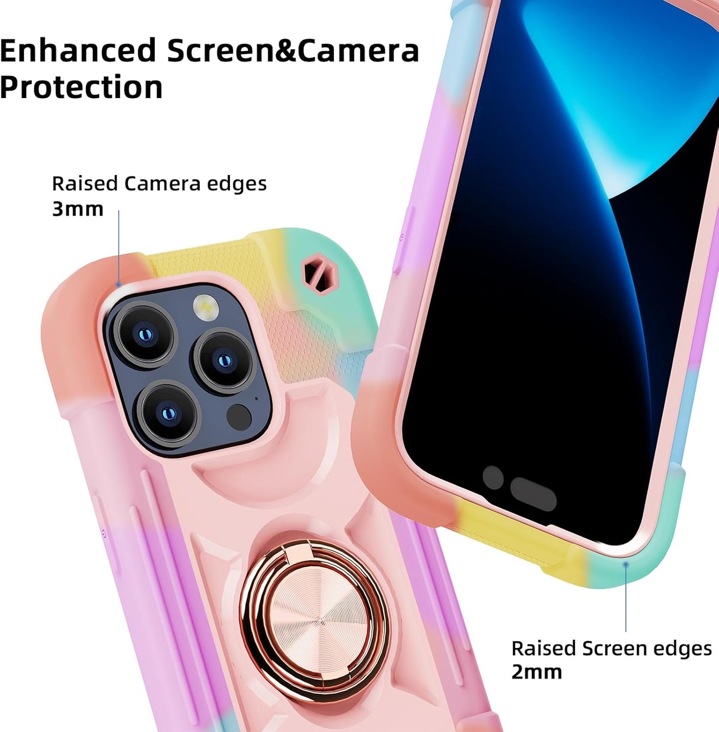 iPhone 15 Pro Max Case 6.7", Heavy-Duty Shockproof Military-Grade Rugged Cover with Ring Stand and Protectors - Rainbow