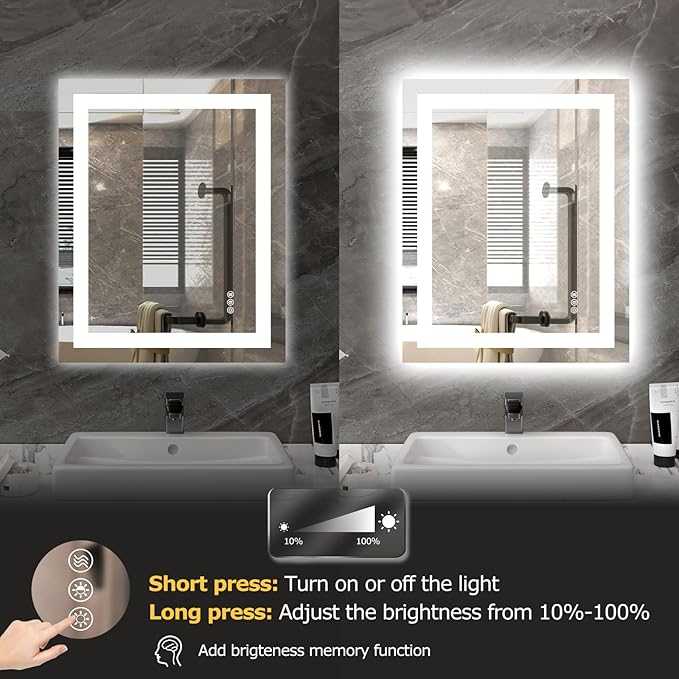 24X30 LED Bathroom Mirror with Lights, Anti-Fog, Dimmable, Backlit + Front Lit, Smart Bathroom Vanity Mirror, Memory Function, Shatterproof, Tempered Glass (Horizontal/Vertical)