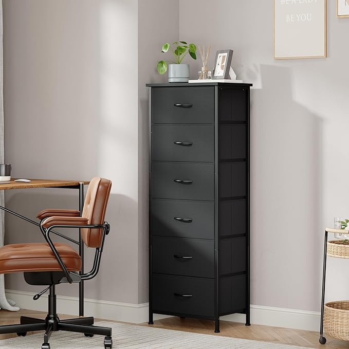 Somdot Tall Dresser for Bedroom with 6 Drawers, Storage Organizer Chest of Drawers with Removable Fabric Bins for Closet Bedside Living Room Laundry Entryway Hallway, Black