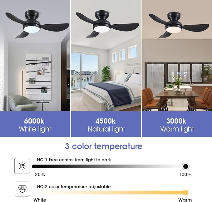 36 Inch Modern Ceiling Fans with Lights, Small Flush Mount Ceiling Fan with Light and Remote/APP Control, 3 Reversible 6 Speeds Curved Blades, 3 CCT Dimmable Lights for Bedroom, Black
