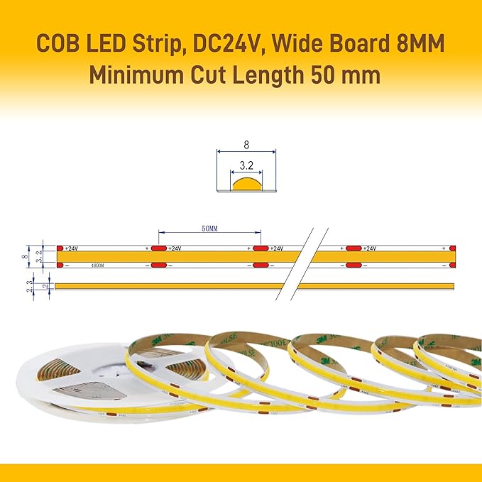 COB LED Strip Lights Cool White,24V Dimmable led Light Strip KIT with Remote and app Control,6000K 9.84FT/3m 8mmwide Ra>90 Cuttable Flexible Strip Lights for Bedroom,TV Lights,Cabinet