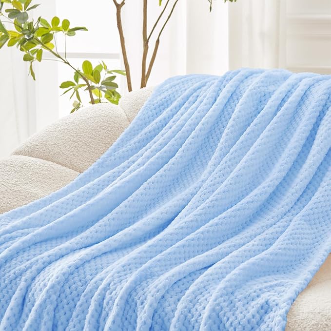 Exclusivo Mezcla Fleece Throw Blanket Extra Large, Super Soft and Warm Blankets for Couch, Sofa and Bed Waffle Textured, Cozy, Fuzzy and Lightweight (Light Blue, 50x70 Inches)