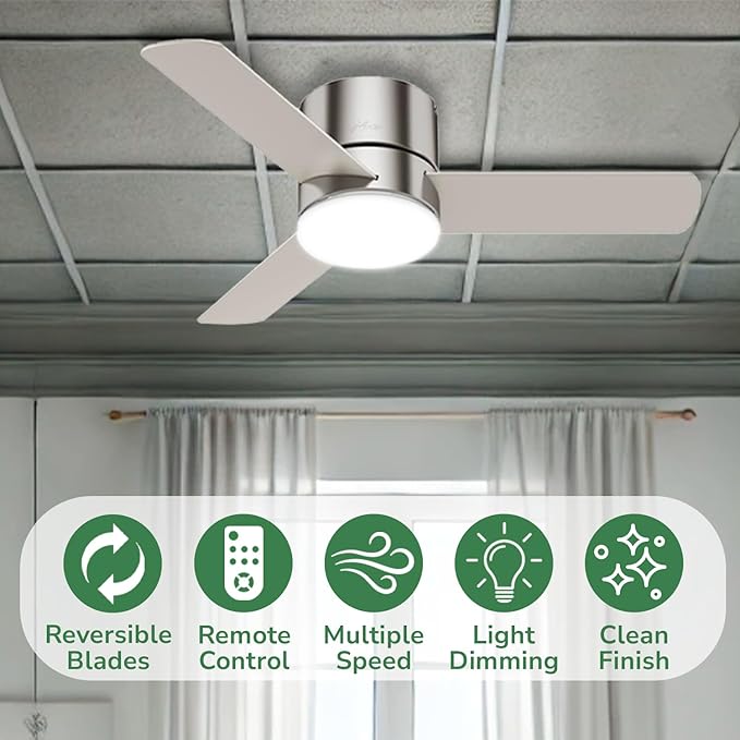 Hunter 44 inch Indoor Ceiling Fan with Light and Remote Control - For Bedroom or Living Room, Low Profile Mount, Modern Ceiling Fan with LED Light, Quiet, 3 Blades - Minimus 59454, Brushed Nickel
