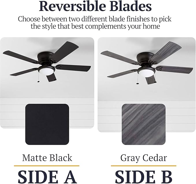 Prominence Home Benton Traditional 52 Inch Ceiling Fan with Light, LED Flush Mount Ceiling Fan, Indoor Fan with 5 Blades, Matte Black and Gray Cedar Blade Finish Options, Matte Black (50853-01)