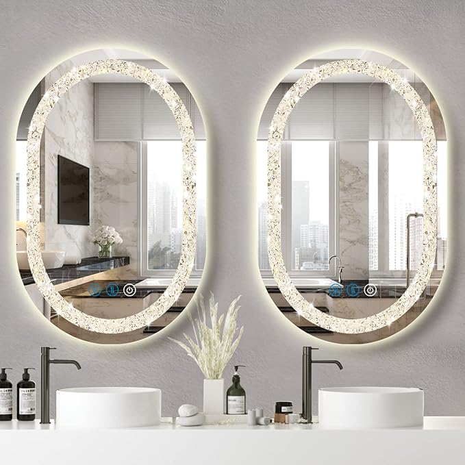 Crystal Oval Vanity Mirror with Lights 16 x 24 Inch Crystal Oval Lighted Mirror for Bathroom Wall Horizontal/Vertical Mount Makeup Table Diamond LED Ovals Mirrors Lights Smart 3 Color Antifog