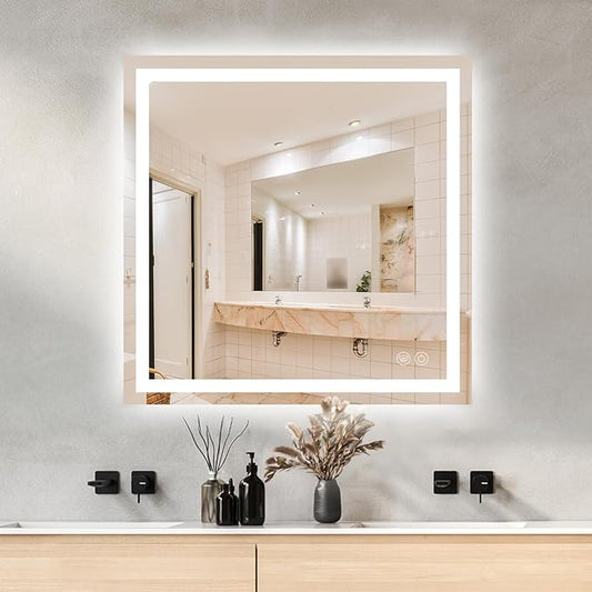 36 x 36 LED Bathroom Mirror with Lights, Lighted Bathroom Vanity Mirror for Wall, Espejos para Baños, Frontlit & Backlit, Anti-Fog, Shatterproof, 3 Adjustable Color Temperatures & Memory Function