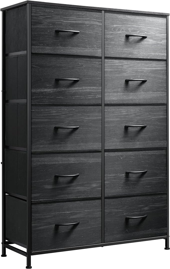 WLIVE Black Tall Dresser for Bedroom with 10 Drawers, Chest of Drawers, Dressers Bedroom Furniture, Storage Organizer Unit with Fabric Bins for Closet, Hallway, Living Room