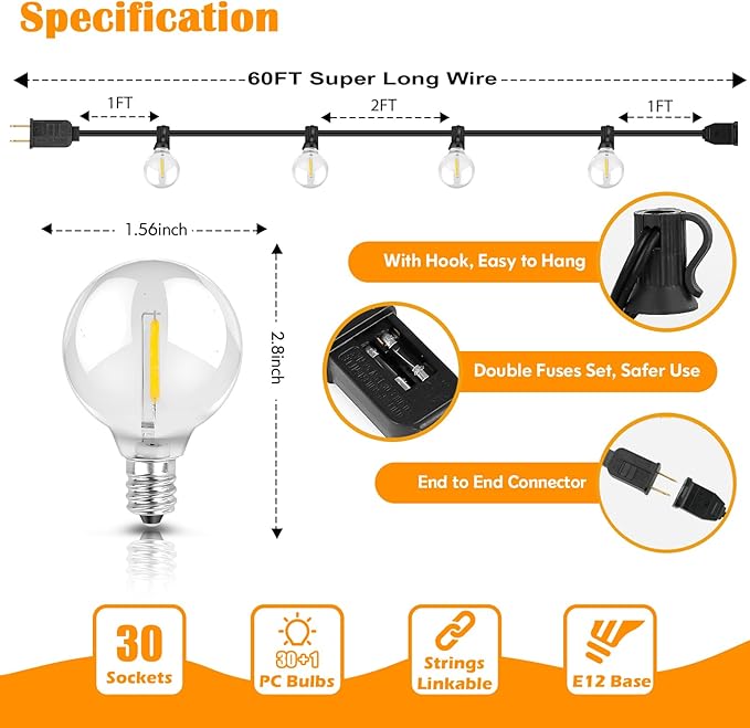 60FT Outdoor String Lights Waterproof, Bright 2700K LED Patio Lights String with 30+1 G40 Shatterproof Globe Bulbs, Connectable Edison String Lights for Outside, Garden, Balcony, Porch