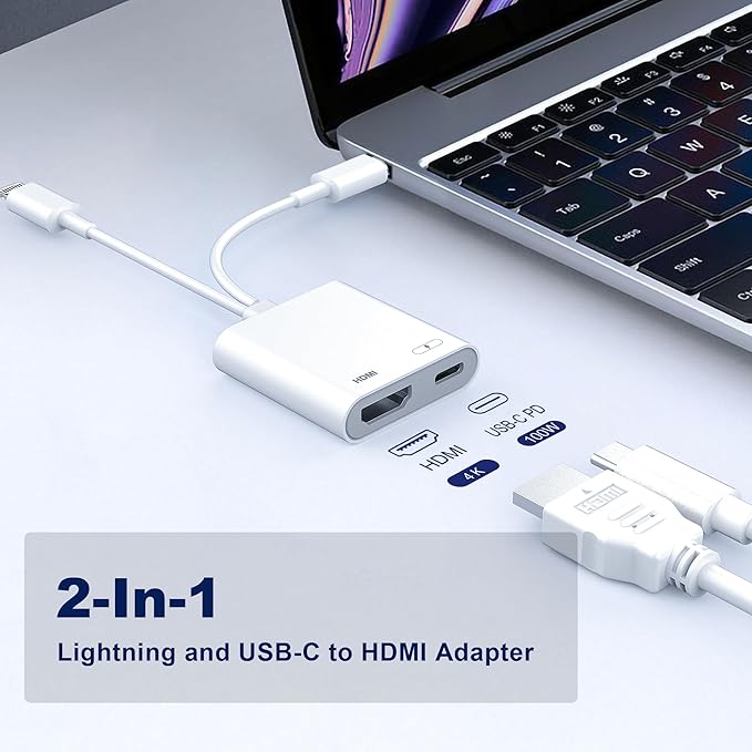 Lightning and USB-C to HDMI Adapter for iPhone to TV, MFi Certified 4K@60Hz Type C to HDMI Adapter with 100W Fast Charge, Lightning to Digital AV adapter for iphone 17/16/15/iPad to TV/Projector