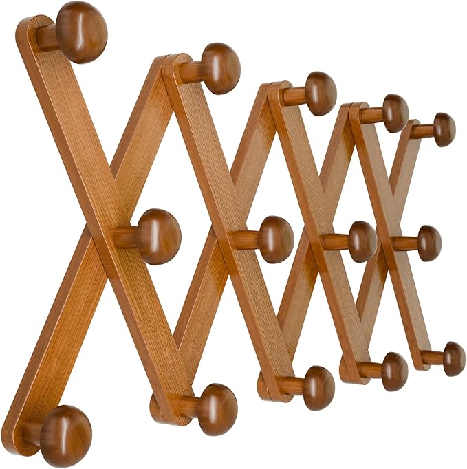 WGFKVAS Hat Rack for Wall with 14 Hooks, Solid Wooden, Expandable Coat Rack Wall Mount for Coats, Hats, Bags, Baseball Caps, Brown
