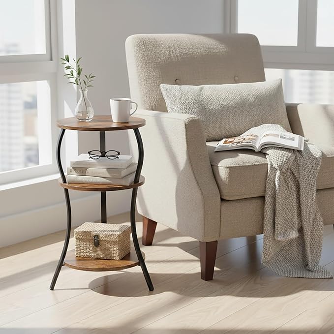 Vintage Small Round Side Table, 3-Tier Slim Waist Circular End Table with Storage Shelf, Compact Tea Sofa Table, Round Corner Coffee Table Nightstand for Living Room Bedroom Small Spaces,Rustic Brown