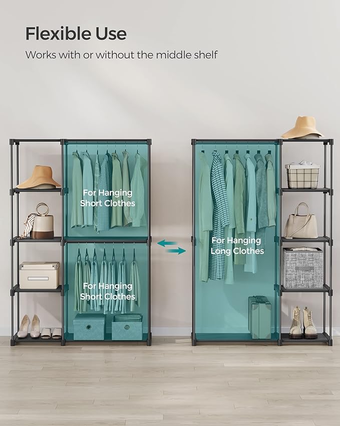 SONGMICS Portable Closet, Freestanding Closet Organizer, Clothes Rack with Shelves, Hanging Rods, Storage Organizer, for Cloakroom, Bedroom, 48.8 x 16.9 x 71.7 Inches, Black URYG026B02