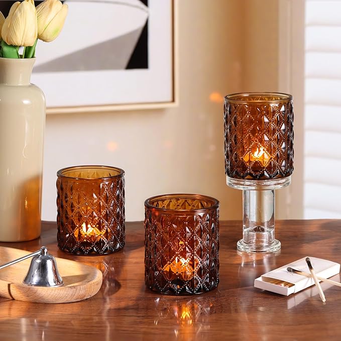 12Pcs Large Votive Candle Holders 2.8 * 3.2in Amber Tea Light Candle Holders Glass Candle Holder for Wedding Table Centerpiece, Home Decor, Birdal Shower, Party, Fall Decor