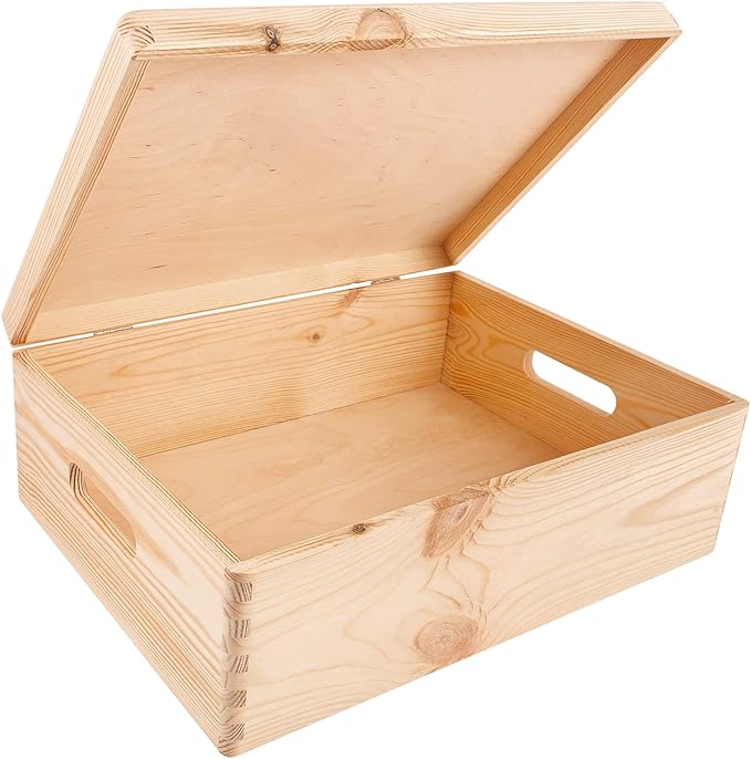 XL Wooden Storage Box with Hinged Lid | 15.8x11.8x5.5in (+-0.5) | Plain Unpainted Gift Box with Handles for Tool Toy Shoes Kitchen Clothes Jewelry | Rough & UNSANDED Wood