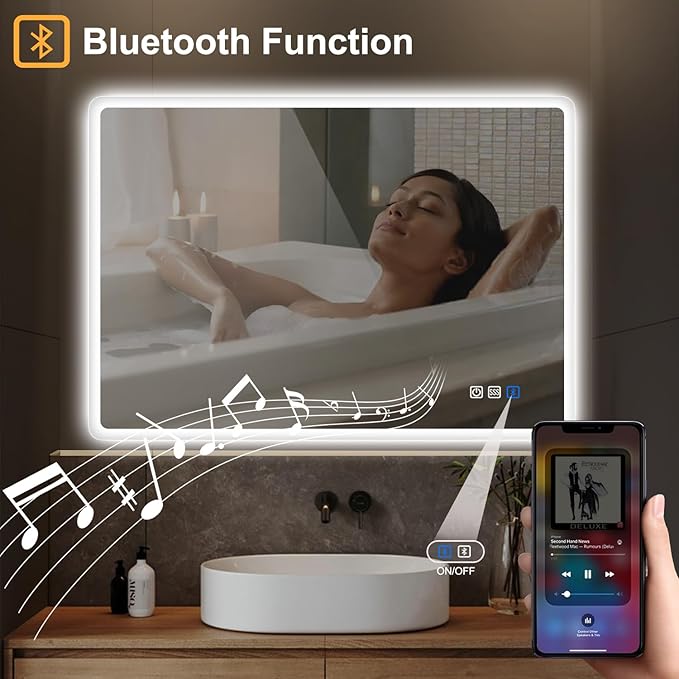 S'bagno 32"x24" LED-Lighted-Bathroom-Mirror, Wall-Mounted-Dimmable-Vanity-Mirror, Bluetooth Speaker Anti-Fog Waterproof Smart Touch Button 3 Colors Bathroom-Lighted-Mirror, Vertical/Horizontal